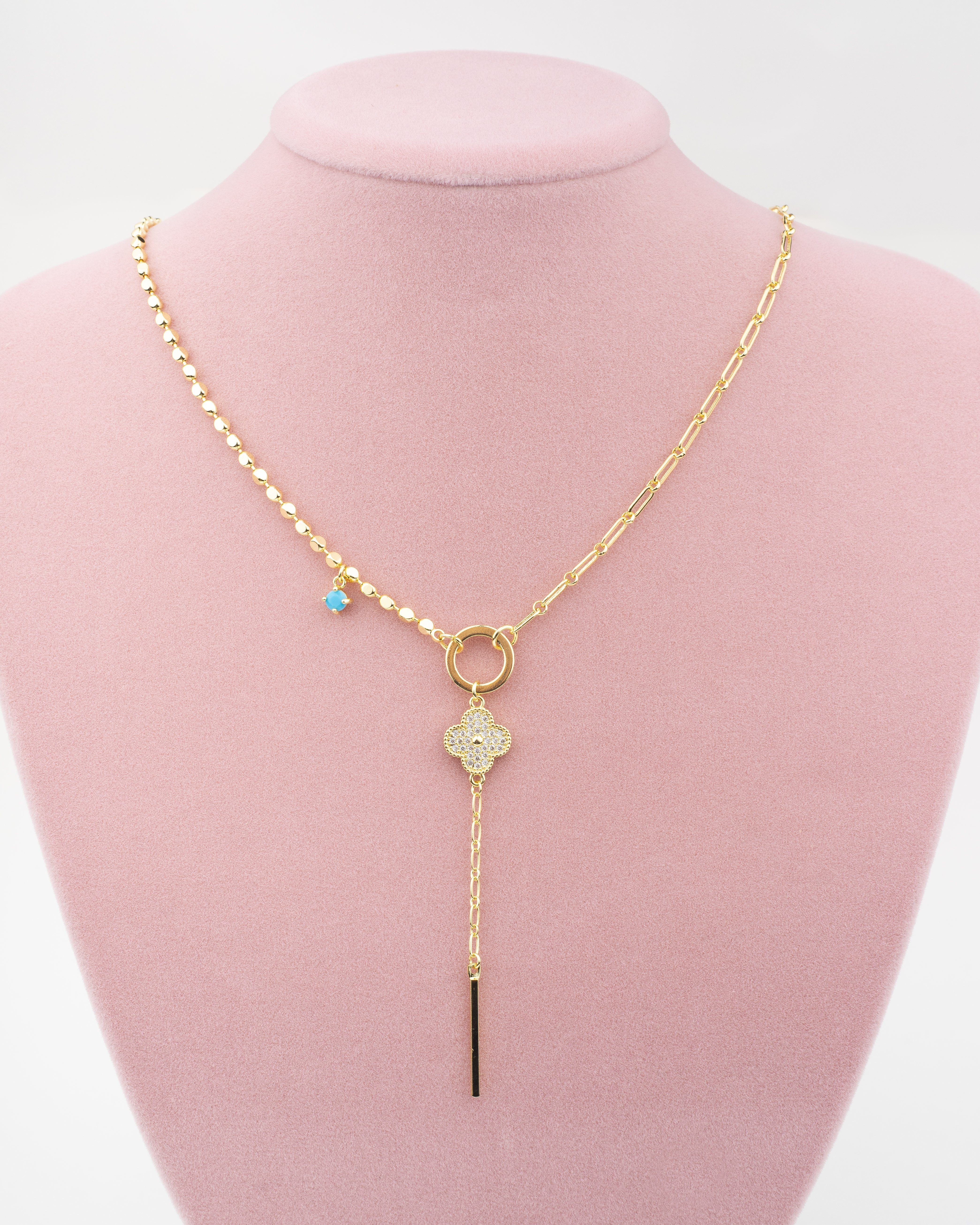 Yonca Taşlı Halkalı Y Kolye