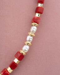 Kırmızı Taşlı İncili Kolye