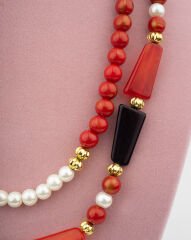 Çoklu Kolye Kırmızı Taşlı İncili Kolye